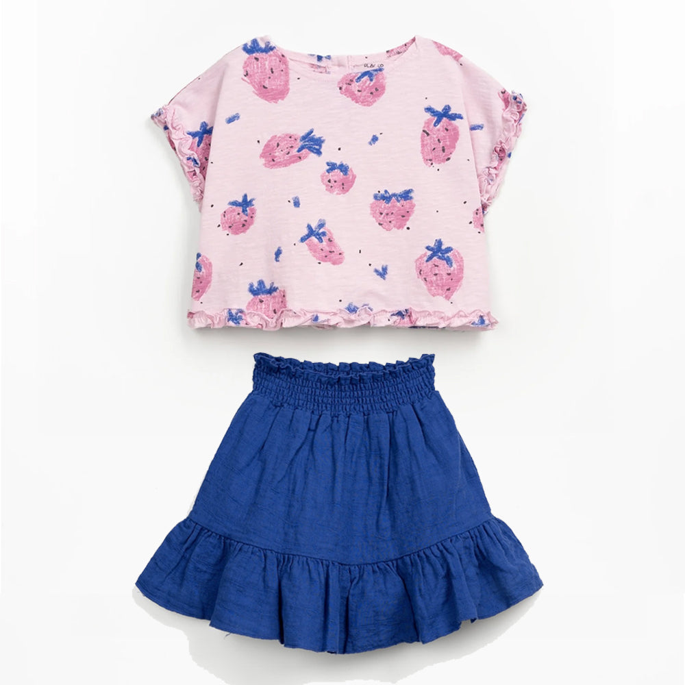Play up Kids-Set: T-Shirt mit Erdbeer-Druck + Rock in royalblau